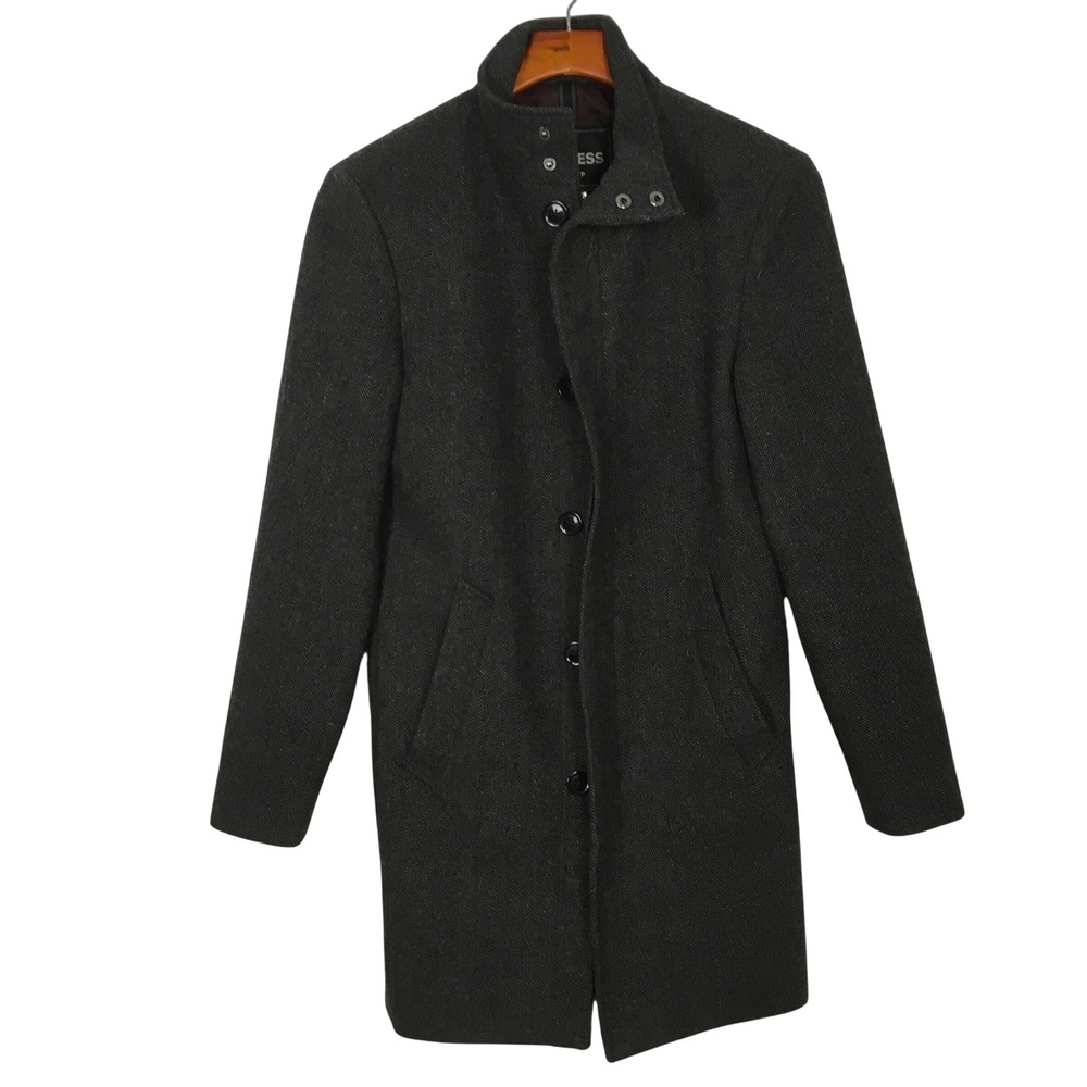 Women's Express Wool Blend‎ High Collar Straight Midi Coat Herringbone Size XS